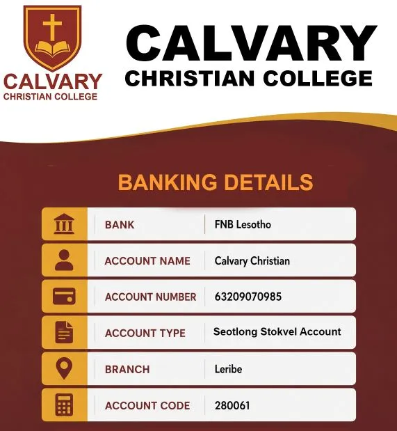 Calvary Christian College banking details
